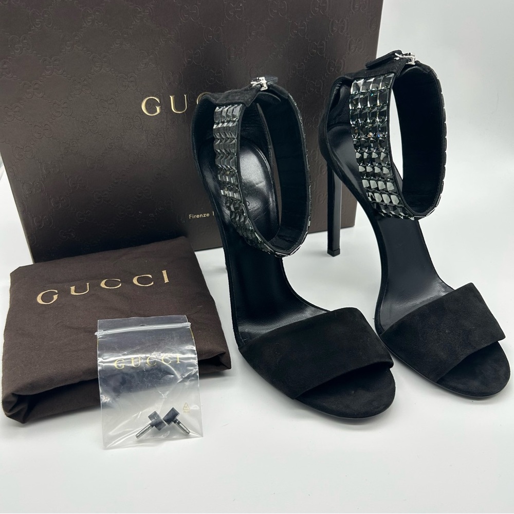 Gucci Rhinestone Kid Scamosciato Cristallo Black Suede Sandal Heels Size 38.5
